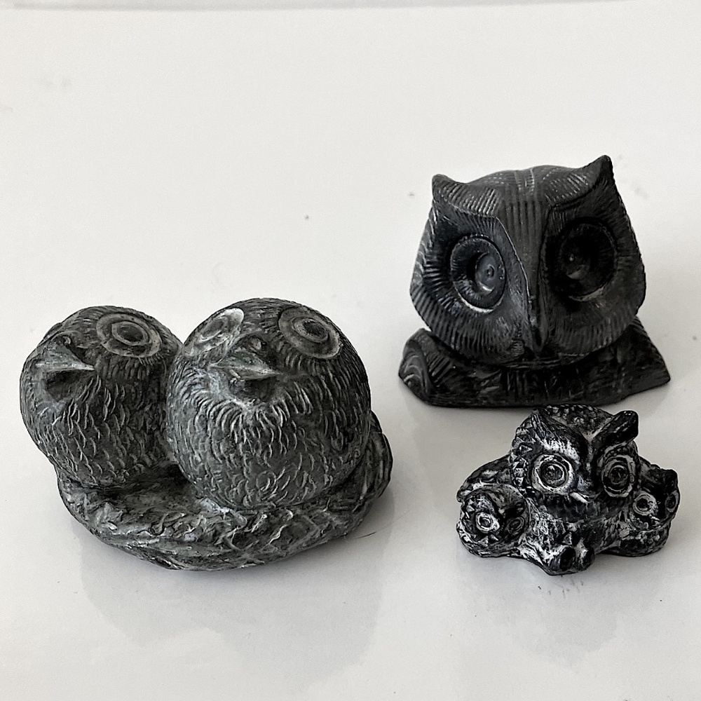 Lot of 3 Owls Hand Carved Soapstone Figurines Made in Canada 1980s-1990s